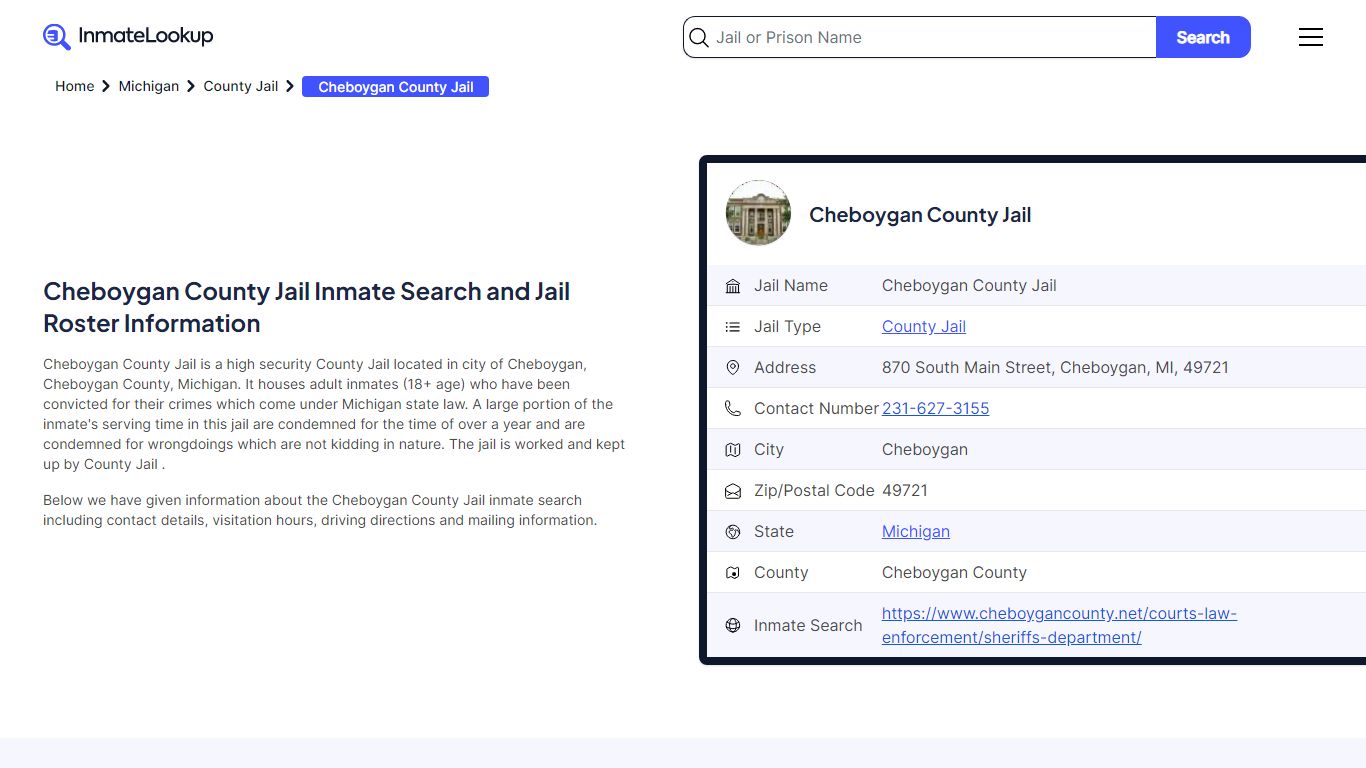 Cheboygan County Jail Inmate Search - Cheboygan Michigan - Inmate Lookup